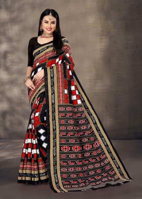 ETHNIC ODISHA HANDLOOM Digital Print Sambalpuri Pure Cotton Saree(Black, Red)