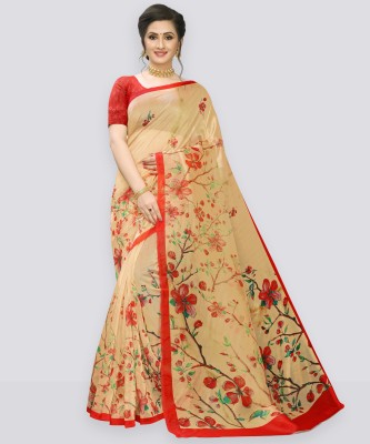 Samah Printed, Digital Print, Floral Print Bollywood Silk Blend Saree(Orange)