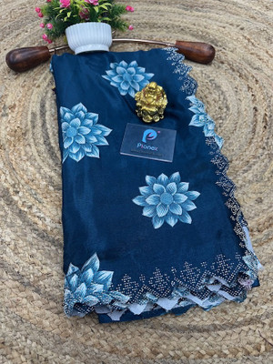 Pionex Floral Print Bollywood Silk Blend Saree(Blue)