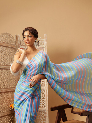 SILK ZONE Digital Print Bollywood Mulmul Saree(Blue)
