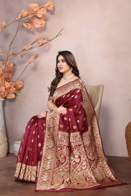 WearEZee Printed Banarasi Jacquard, Pure Silk Saree(Maroon)