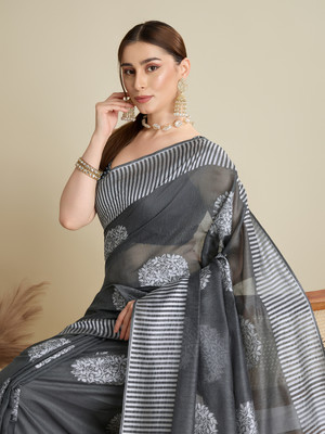 SUDIPTA Printed Banarasi Silk Blend Saree(Grey)