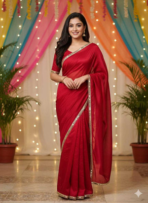 winsaree Solid/Plain Bollywood Supernet Saree(Red)