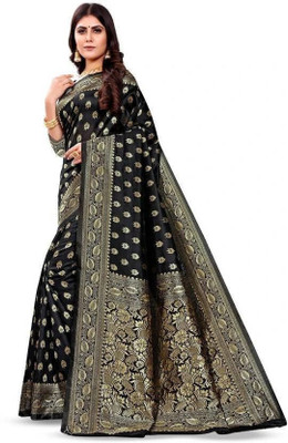 Pari Prints Digital Print Banarasi Cotton Silk, Jacquard Saree(Black)