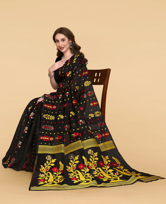 linza Self Design Jamdani Cotton Linen Saree(Black)