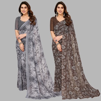 Anand Sarees Printed Daily Wear Georgette Saree(Pack of 2, Grey, Brown)