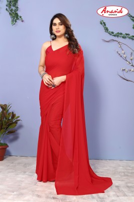 Anand Sarees Solid/Plain Bollywood Georgette, Chiffon Saree(Red)