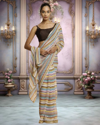 Jayu Digital Print, Embroidered, Printed, Striped Bollywood Georgette Saree(Brown)