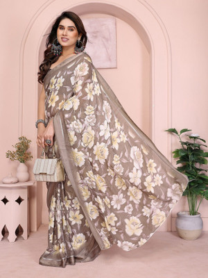 RAJESHWAR FASHION Floral Print Daily Wear Pure Silk Saree(Brown)