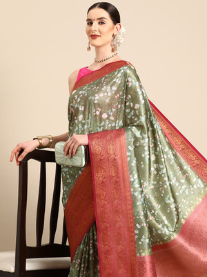 SILK ZONE Digital Print Banarasi Pure Silk Saree(Light Green)