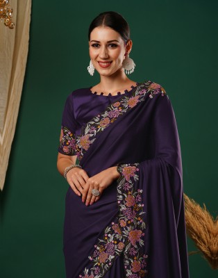 Samah Embroidered, Dyed Bollywood Satin Saree(Purple, Multicolor)