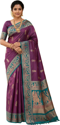 Kabitas Dreamland Paisley Baluchari Pure Silk Saree(Purple, Dark Green)