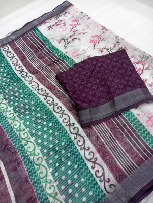 HouseOfCommon Printed Kanjivaram Linen, Cotton Linen Saree(Multicolor)