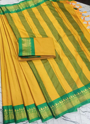 NST5 Temple Border Gadwal Tissue, Cotton Silk Saree(Green, Gold)
