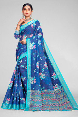 WONAYA Digital Print Bollywood Linen Saree(Blue)