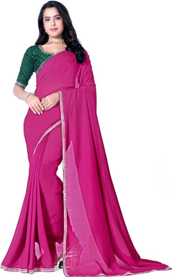 radhe creation Solid/Plain Bollywood Silk Blend Saree(Pink)