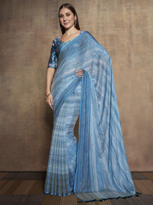 RekhaManiyar Striped Bollywood Polyester Saree(Light Blue)