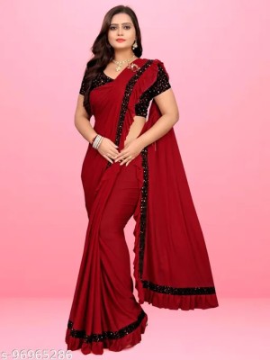 Vijatree Solid/Plain Bollywood Lycra Blend Saree(Red)