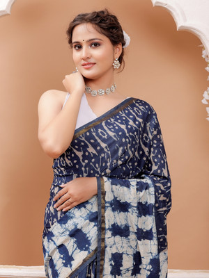 Taavi Blocked Printed Chanderi Cotton Blend Saree(Blue)