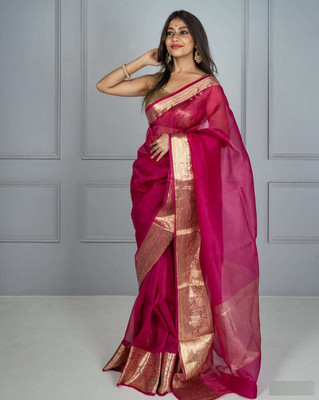 DRAVYA WOMEN Solid/Plain Banarasi Organza Saree(Pink)