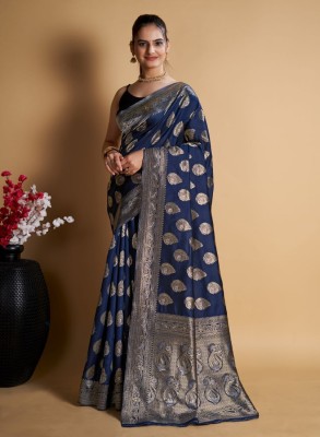 AIREVO Geometric Print Kanjivaram Tussar Silk Saree(Blue)