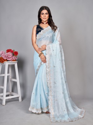 Barkiya Creation Embroidered Bollywood Supernet Saree(Blue)