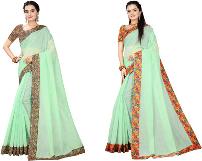 manish Solid/Plain Chanderi Cotton Blend Saree(Pack of 2, Light Green)
