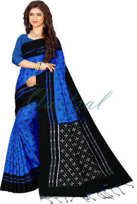 Quetzal Printed Sambalpuri Pure Cotton Saree(Blue)