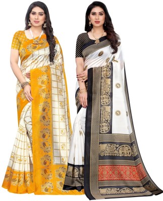 Madhumeena Printed Bollywood Art Silk Saree(Pack of 2, Black, Yellow)