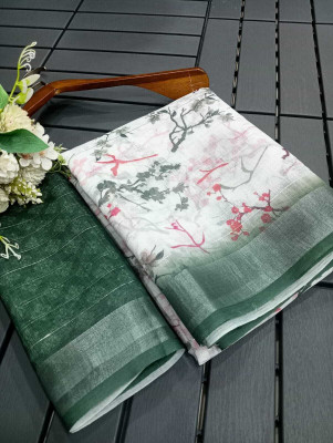 HangerStories Printed Kanjivaram Linen, Cotton Linen Saree(Green, White, Pink)