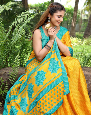 YASHIKA Self Design, Printed Bollywood Tussar Silk Saree(Yellow, Blue)