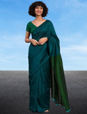 BRYNBRIT Solid/Plain Handloom Cotton Blend Saree(Green)