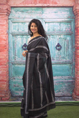 Divyam Printed Handloom Pure Cotton Saree(Black)
