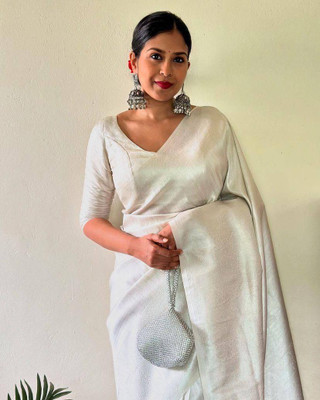 Rudr Venture Self Design Banarasi Cotton Silk Saree(White)