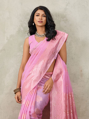 PRIMENIKS Woven Banarasi Cotton Silk Saree(Pink)