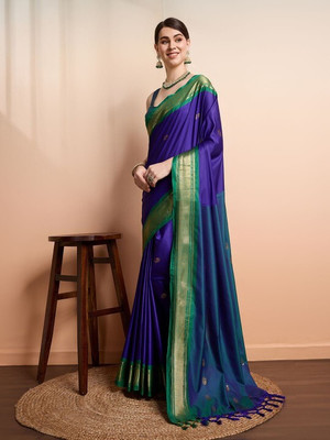 ASCREATIONOO Woven, Self Design, Temple Border Kanjivaram Cotton Silk Saree(Blue, Green)