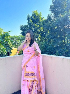 Divine Fabrics Woven Mekhela Chador Pure Cotton Saree(Pink)