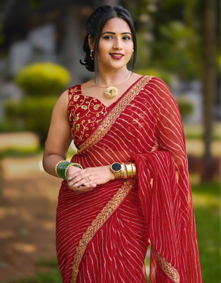 Satrani Printed, Embroidered, Embellished Leheria Chiffon, Georgette Saree(Red, White)