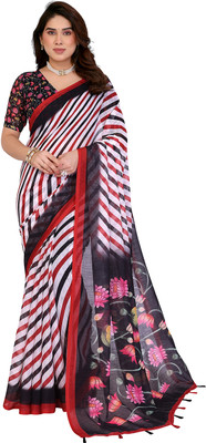 Moda Rapido Striped Bollywood Cotton Blend Saree(Black)