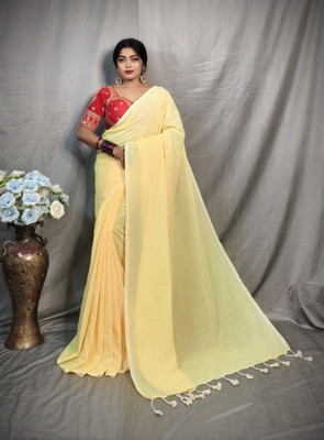 PRAVATI FASHION Solid/Plain Handloom Cotton Blend Saree(Yellow)