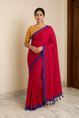 SMRITI HANDLOOM Solid/Plain Handloom Handloom Pure Cotton Saree(Pink, Blue)