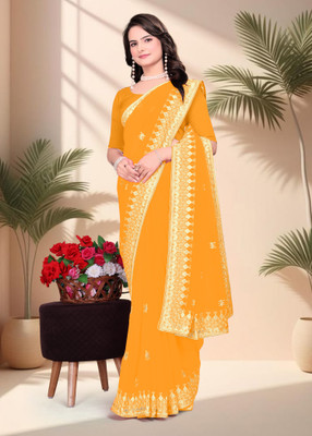 Om Shantam sarees Embroidered Bollywood Georgette Saree(Yellow)