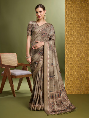 MANTROTSAV Digital Print Hand Batik Silk Blend Saree(Brown)