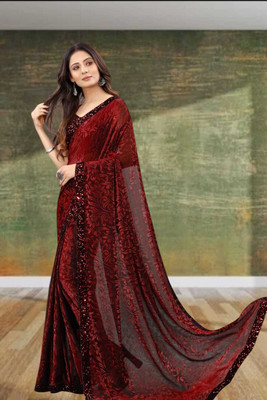 SHRIMAY Self Design Bollywood Net Saree(Maroon)