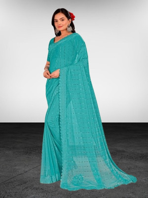 Vragi Embellished Bollywood Lycra Blend Saree(Blue)