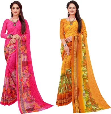 Suntex Geometric Print Daily Wear Georgette Saree(Pack of 2, Pink, Yellow)