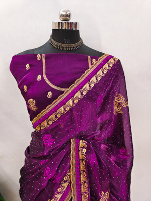 Mikhushop Embroidered Bollywood Jimmy choo Saree(Purple)