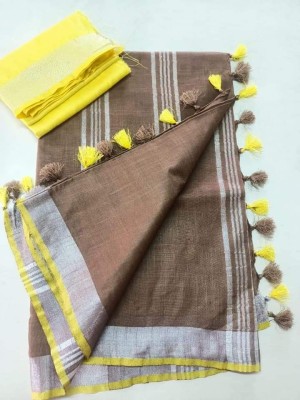 Aamir Fashion Textile Solid/Plain Bhagalpuri Handloom Cotton Linen Saree(Pack of 2, Brown, Yellow)