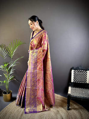 Pandadi Saree Woven Banarasi Cotton Silk Saree(Pink, Purple)