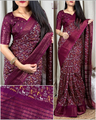 Ridham Printed Kalamkari Silk Blend Saree(Multicolor)